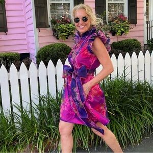 Sleeveless Floral Tie-Waist Mini Dress in Bright Magenta Sue Sartor